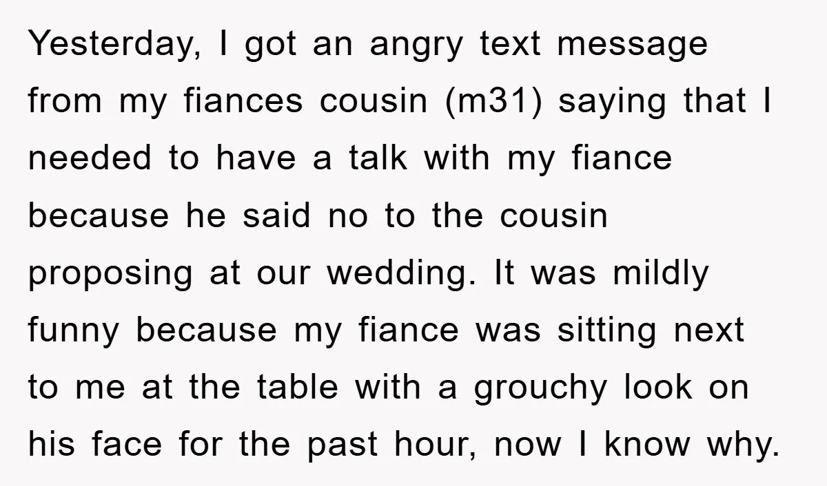 Yesterday, I got an angry text message from my fiances cousin (m31) saying that I needed to have a talk with my fiance because he said no to the cousin...