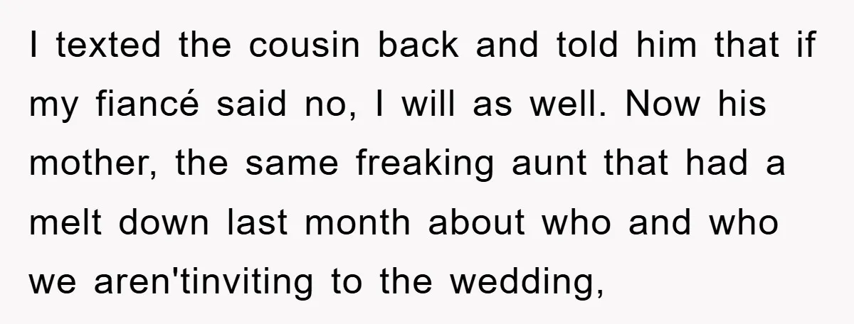I texted the cousin back and told him that if my fiancé said no, I will as well. Now his mother, the same freaking aunt that had a melt down...