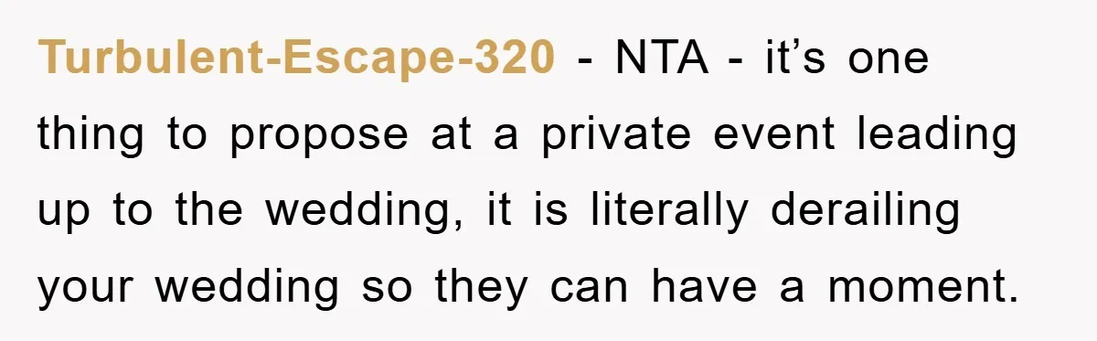 Turbulent-Escape-320 − NTA - it’s one thing to propose at a private event leading up to the wedding, it is literally derailing your wedding so they can have a moment.