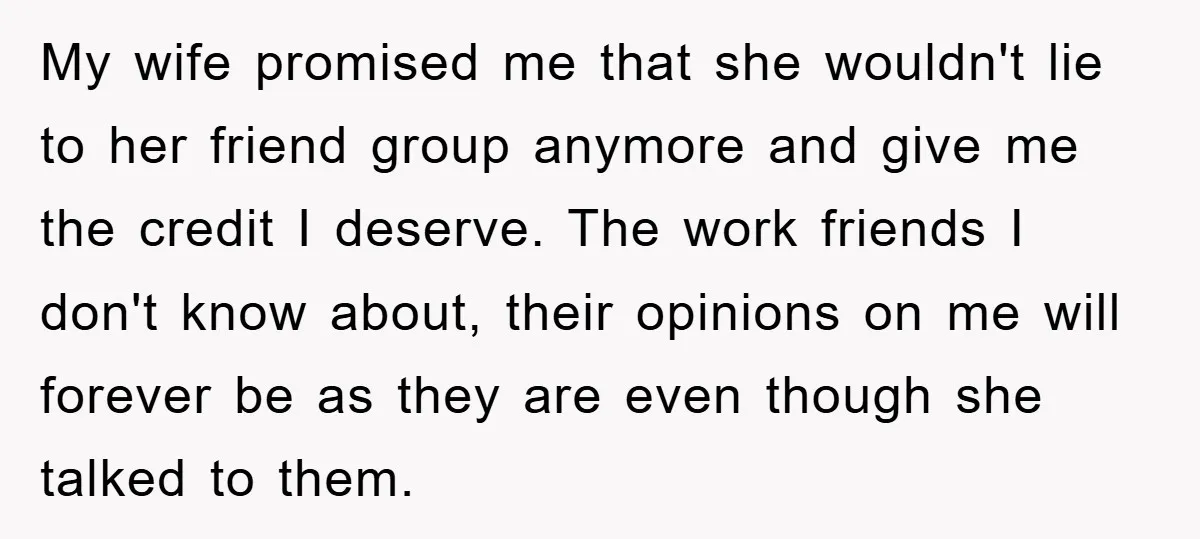 My wife promised me that she wouldn't lie to her friend group anymore and give me the credit I deserve. The work friends I don't know about, their opinions on...