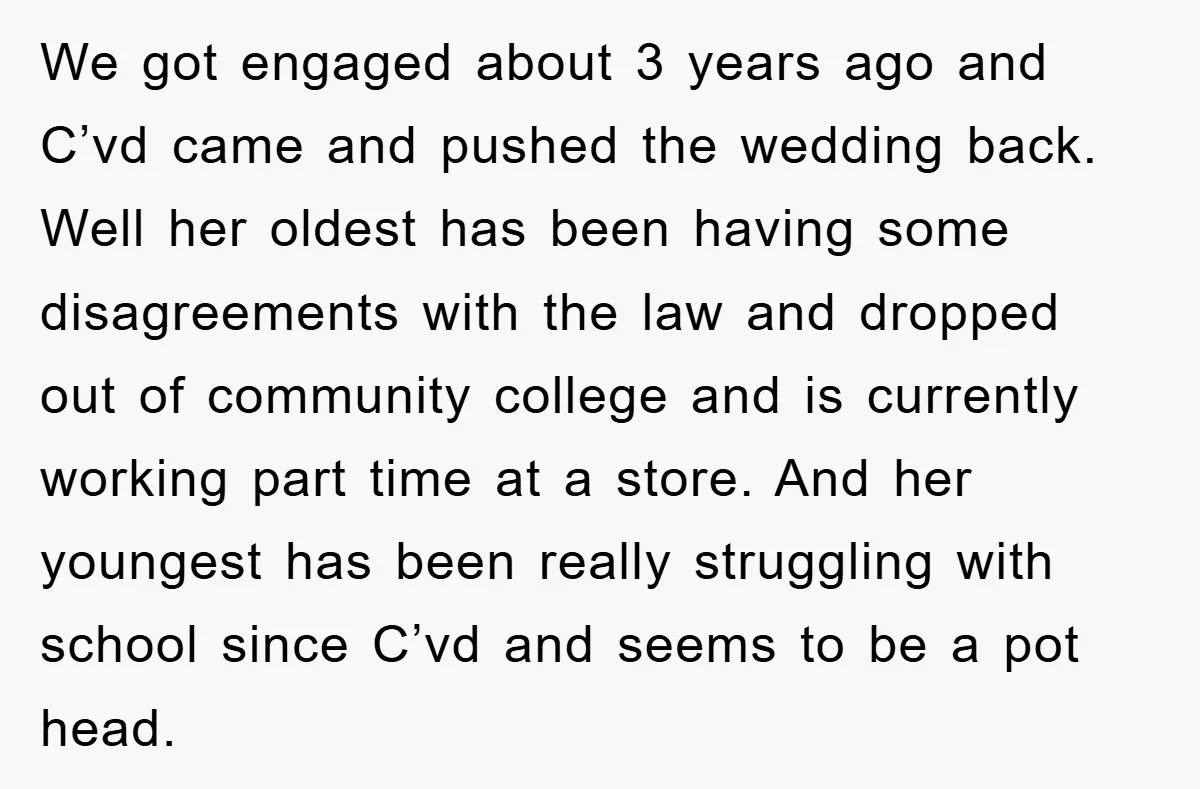 We got engaged about 3 years ago and C’vd came and pushed the wedding back. Well her oldest has been having some disagreements with the law and dropped out of...