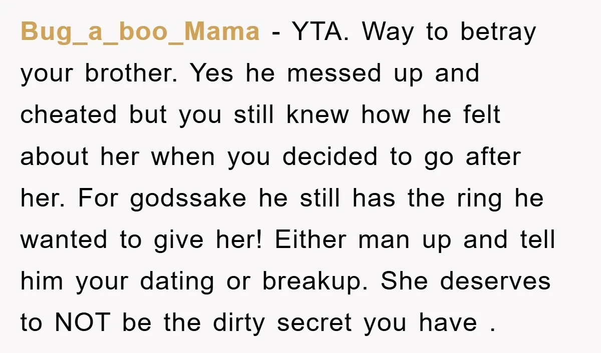 Bug_a_boo_Mama − YTA. Way to betray your brother. Yes he messed up and cheated but you still knew how he felt about her when you decided to go after her....