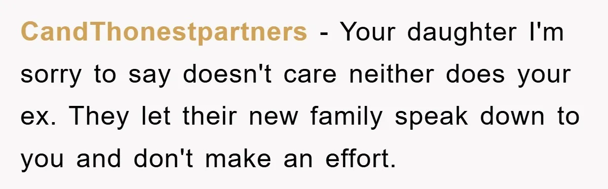 CandThonestpartners − Your daughter I'm sorry to say doesn't care neither does your ex. They let their new family speak down to you and don't make an effort.