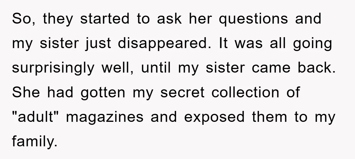 So, they started to ask her questions and my sister just disappeared. It was all going surprisingly well, until my sister came back. She had gotten my secret collection of...