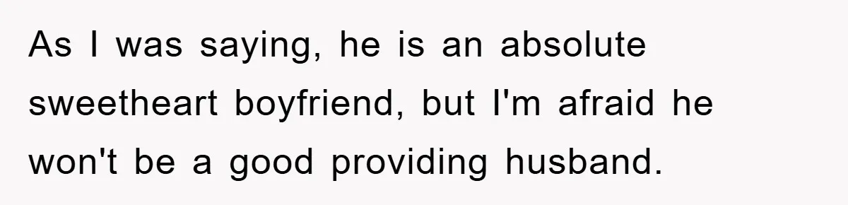 As I was saying, he is an absolute sweetheart boyfriend, but I'm afraid he won't be a good providing husband.