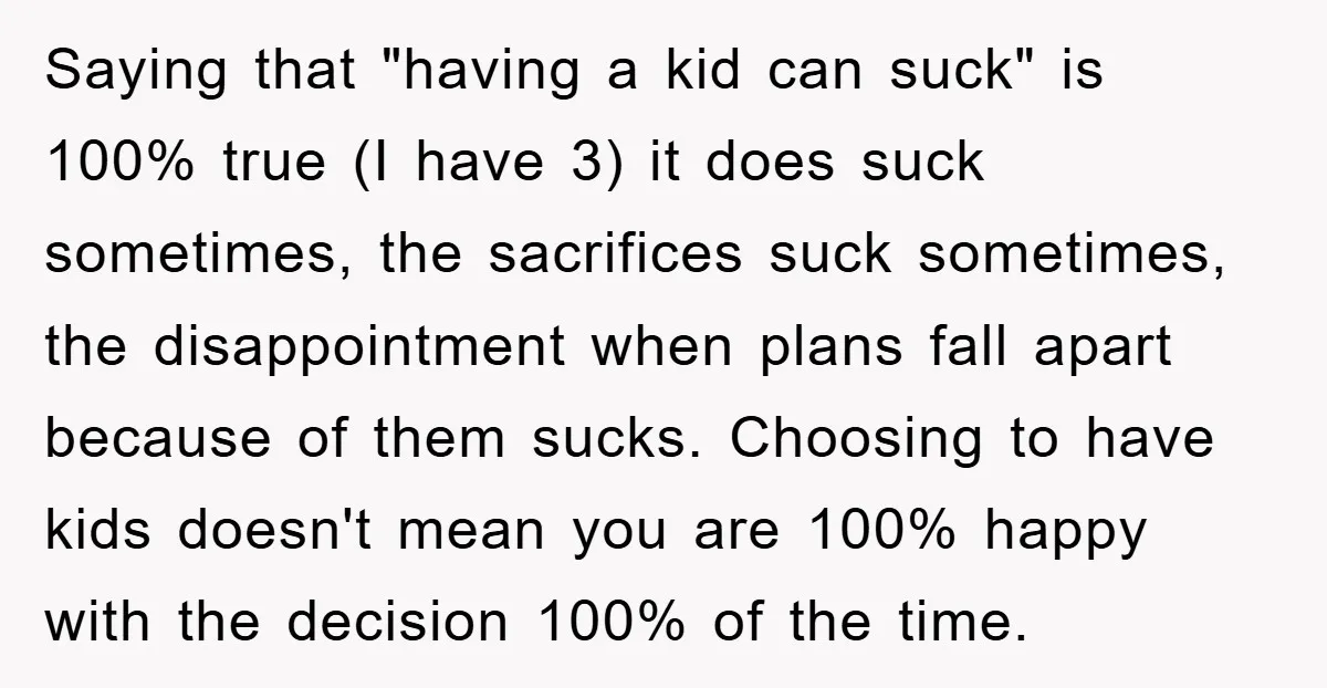 Saying that "having a kid can suck" is 100% true (I have 3) it does suck sometimes, the sacrifices suck sometimes, the disappointment when plans fall apart because of them...
