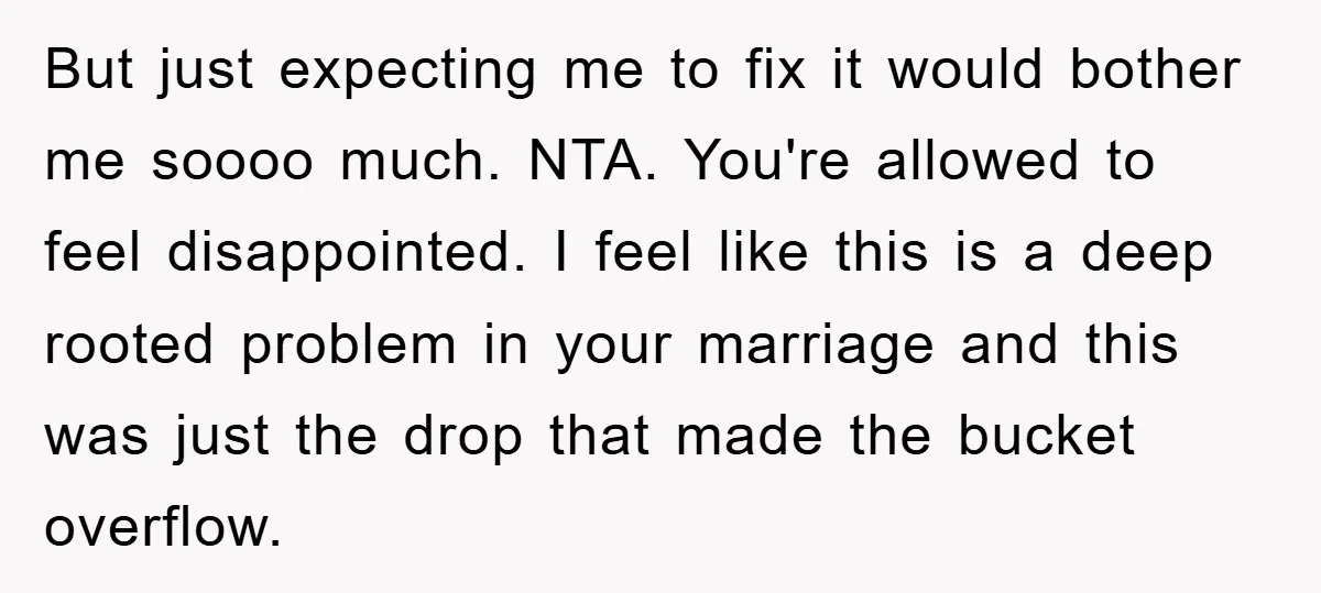But just expecting me to fix it would bother me soooo much. NTA. You're allowed to feel disappointed. I feel like this is a deep rooted problem in your marriage...