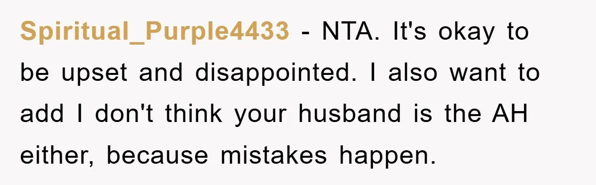 Spiritual_Purple4433 − NTA. It's okay to be upset and disappointed. I also want to add I don't think your husband is the AH either, because mistakes happen.