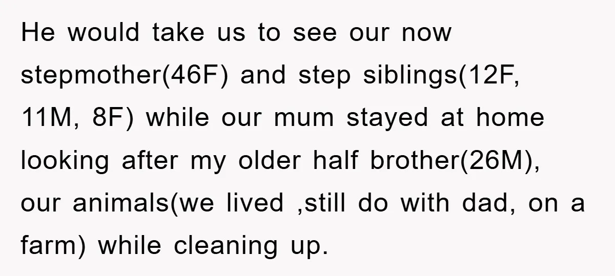 He would take us to see our now stepmother(46F) and step siblings(12F, 11M, 8F) while our mum stayed at home looking after my older half brother(26M), our animals(we lived ,still...