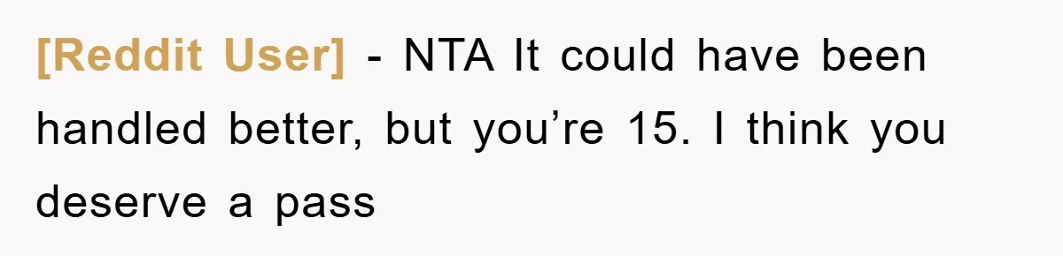 [Reddit User] − NTA It could have been handled better, but you’re 15. I think you deserve a pass