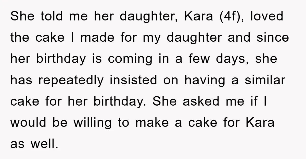 She told me her daughter, Kara (4f), loved the cake I made for my daughter and since her birthday is coming in a few days, she has repeatedly insisted on...