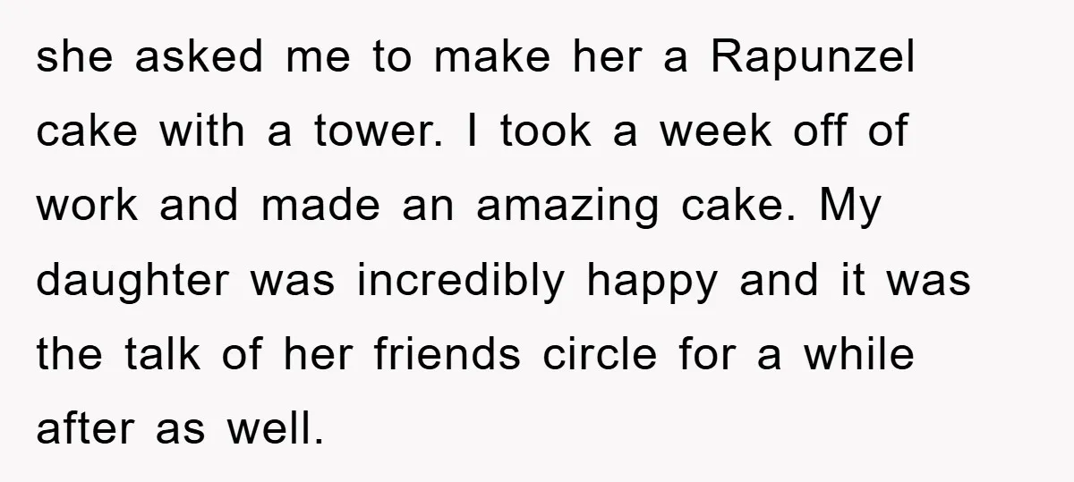 she asked me to make her a Rapunzel cake with a tower. I took a week off of work and made an amazing cake. My daughter was incredibly happy and...