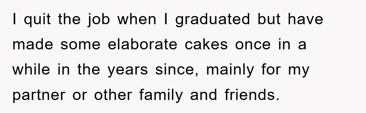I quit the job when I graduated but have made some elaborate cakes once in a while in the years since, mainly for my partner or other family and friends.