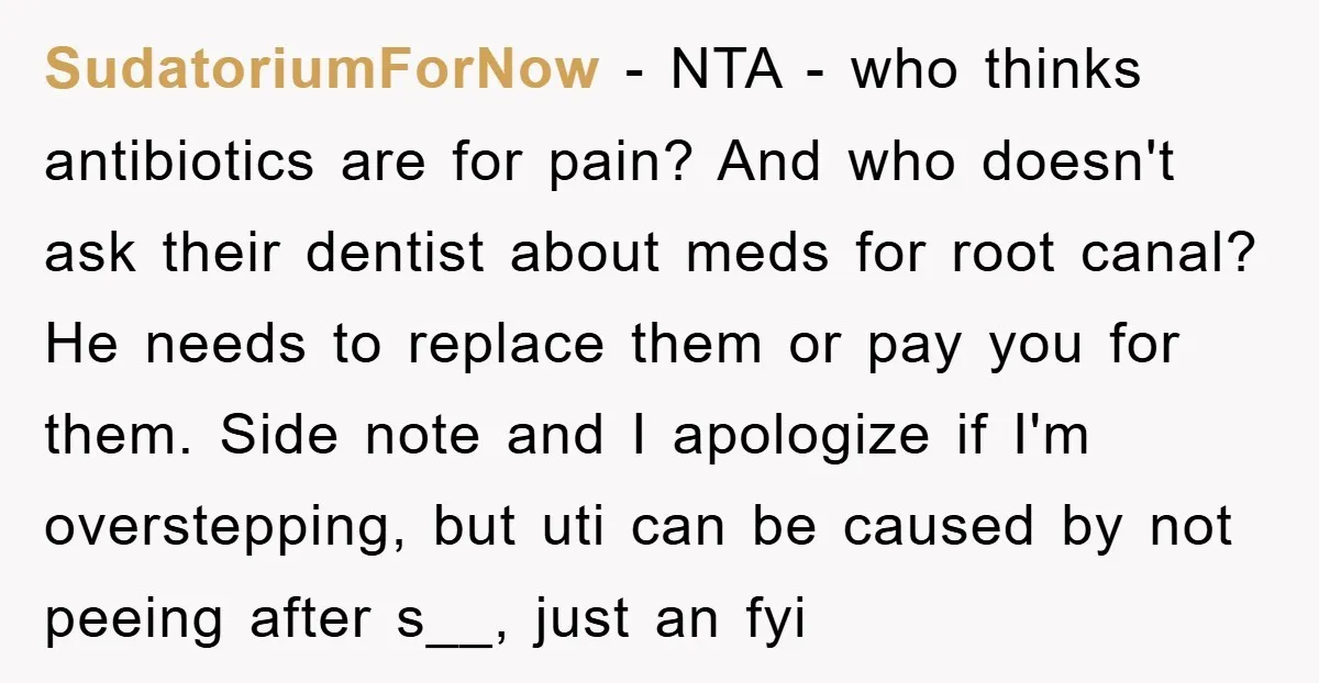 SudatoriumForNow − NTA - who thinks antibiotics are for pain? And who doesn't ask their dentist about meds for root canal? He needs to replace them or pay you for...