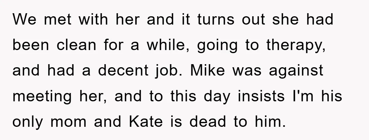 We met with her and it turns out she had been clean for a while, going to therapy, and had a decent job. Mike was against meeting her, and to...
