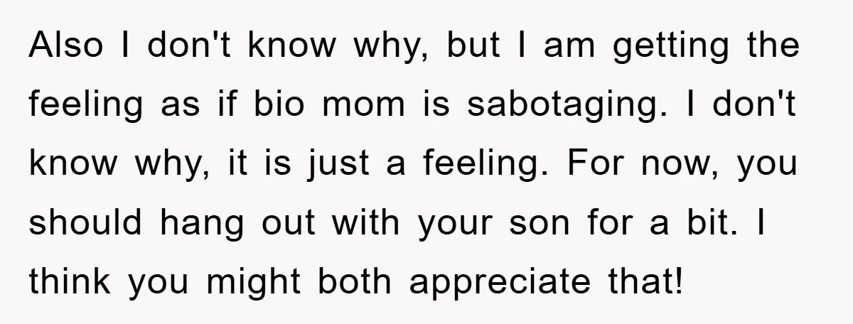 Also I don't know why, but I am getting the feeling as if bio mom is sabotaging. I don't know why, it is just a feeling. For now, you should...
