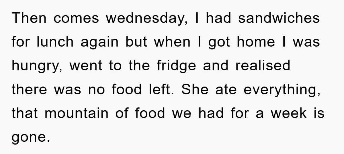 Then comes wednesday, I had sandwiches for lunch again but when I got home I was hungry, went to the fridge and realised there was no food left. She ate...