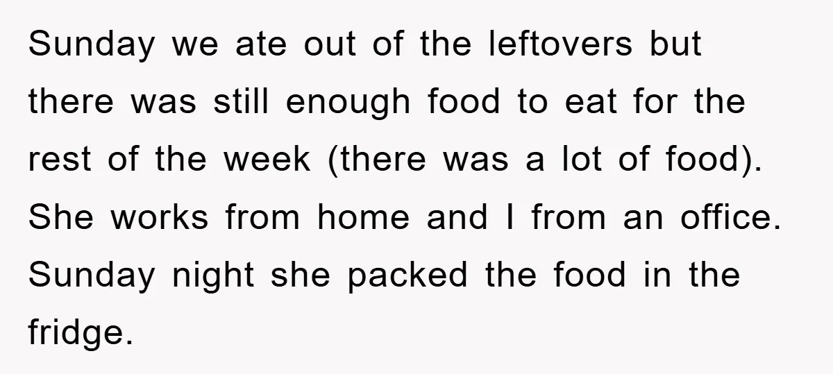 Sunday we ate out of the leftovers but there was still enough food to eat for the rest of the week (there was a lot of food). She works from...