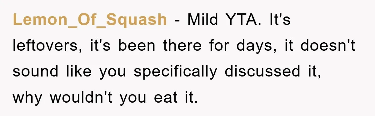 Lemon_Of_Squash − Mild YTA. It's leftovers, it's been there for days, it doesn't sound like you specifically discussed it, why wouldn't you eat it.