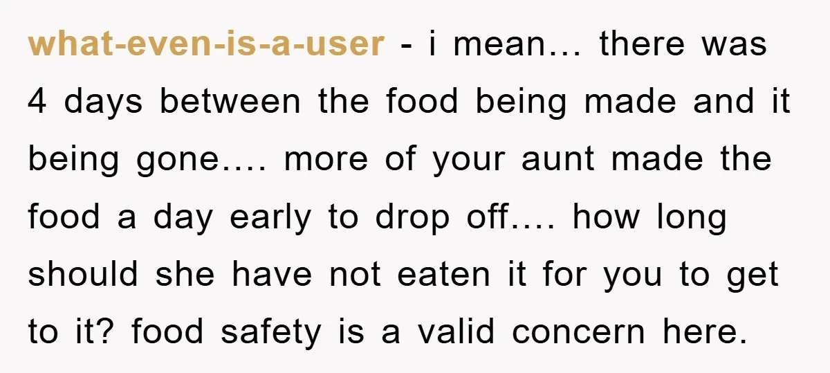 what-even-is-a-user − i mean… there was 4 days between the food being made and it being gone…. more of your aunt made the food a day early to drop off…....