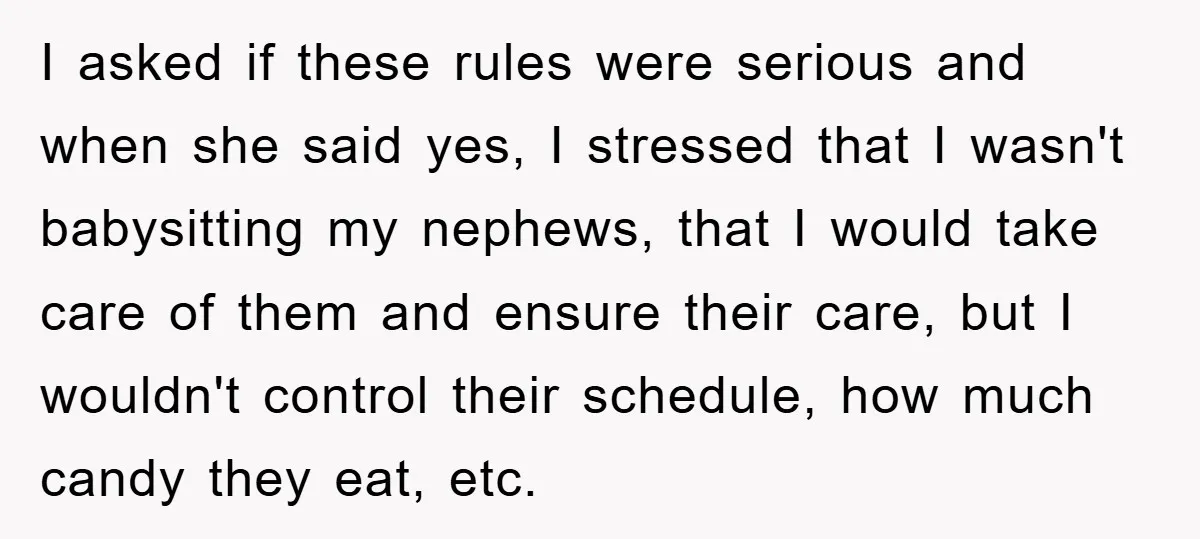 I asked if these rules were serious and when she said yes, I stressed that I wasn't babysitting my nephews, that I would take care of them and ensure their...