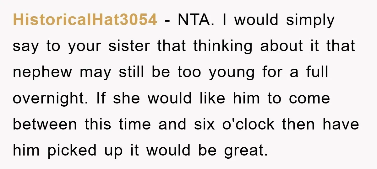 HistoricalHat3054 − NTA. I would simply say to your sister that thinking about it that nephew may still be too young for a full overnight. If she would like him...