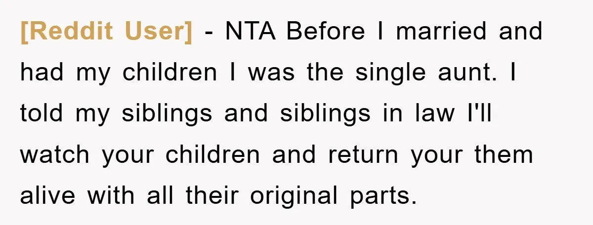 [Reddit User] − NTA Before I married and had my children I was the single aunt. I told my siblings and siblings in law I'll watch your children and return...