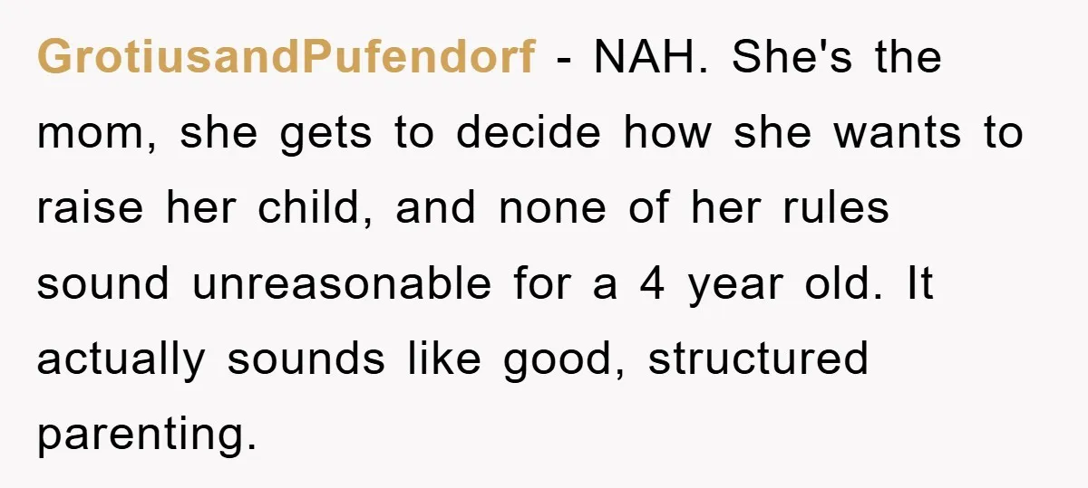 GrotiusandPufendorf − NAH. She's the mom, she gets to decide how she wants to raise her child, and none of her rules sound unreasonable for a 4 year old. It...