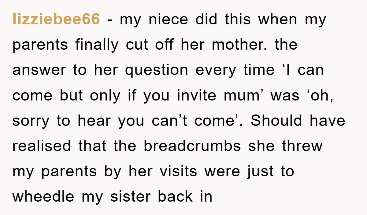 lizziebee66 − my niece did this when my parents finally cut off her mother. the answer to her question every time ‘I can come but only if you invite mum’...
