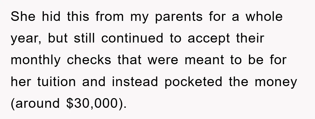 She hid this from my parents for a whole year, but still continued to accept their monthly checks that were meant to be for her tuition and instead pocketed the...