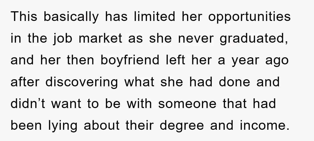 This basically has limited her opportunities in the job market as she never graduated, and her then boyfriend left her a year ago after discovering what she had done and...