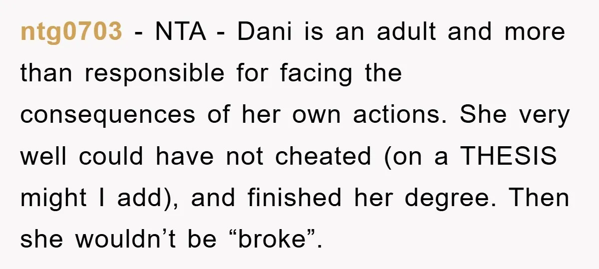 ntg0703 − NTA - Dani is an adult and more than responsible for facing the consequences of her own actions. She very well could have not cheated (on a THESIS...