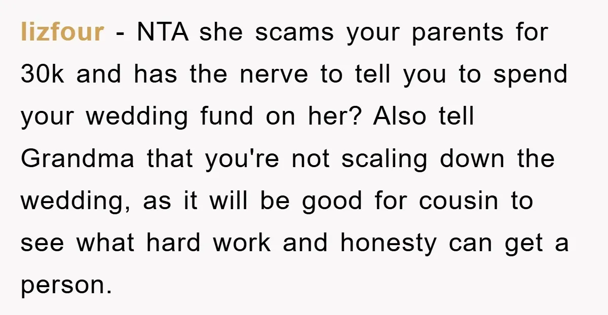 lizfour − NTA she scams your parents for 30k and has the nerve to tell you to spend your wedding fund on her? Also tell Grandma that you're not scaling...