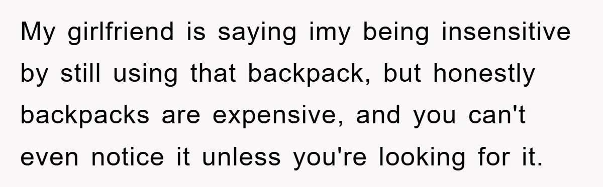 My girlfriend is saying imy being insensitive by still using that backpack, but honestly backpacks are expensive, and you can't even notice it unless you're looking for it.