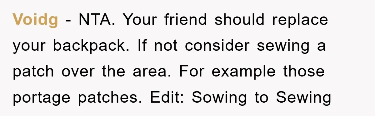 Voidg − NTA. Your friend should replace your backpack. If not consider sewing a patch over the area. For example those portage patches. Edit: Sowing to Sewing