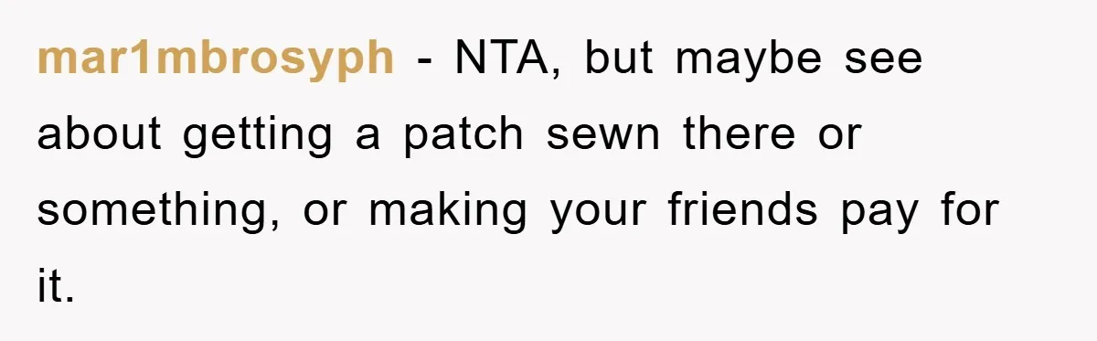mar1mbrosyph − NTA, but maybe see about getting a patch sewn there or something, or making your friends pay for it.