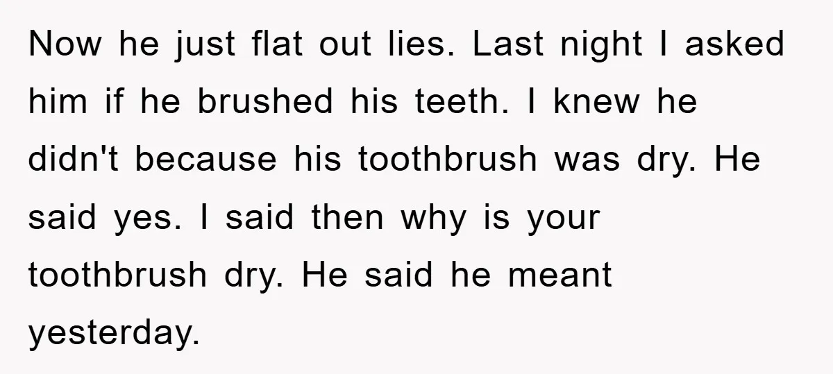 Now he just flat out lies. Last night I asked him if he brushed his teeth. I knew he didn't because his toothbrush was dry. He said yes. I said...
