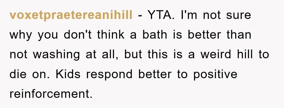 voxetpraetereanihill − YTA. I'm not sure why you don't think a bath is better than not washing at all, but this is a weird hill to die on. Kids respond...