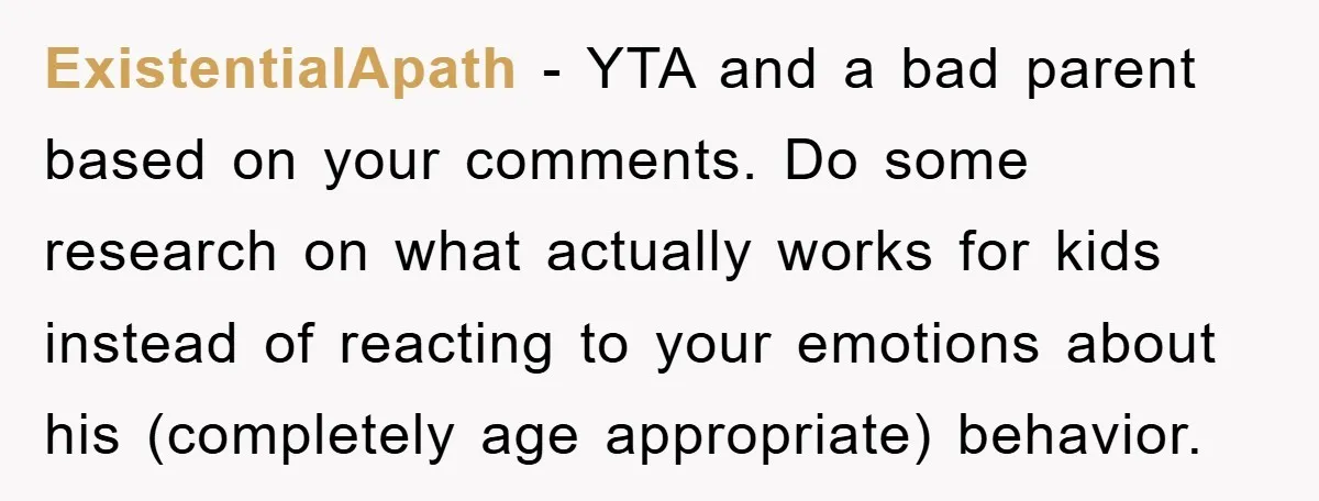 ExistentialApath − YTA and a bad parent based on your comments. Do some research on what actually works for kids instead of reacting to your emotions about his (completely age...