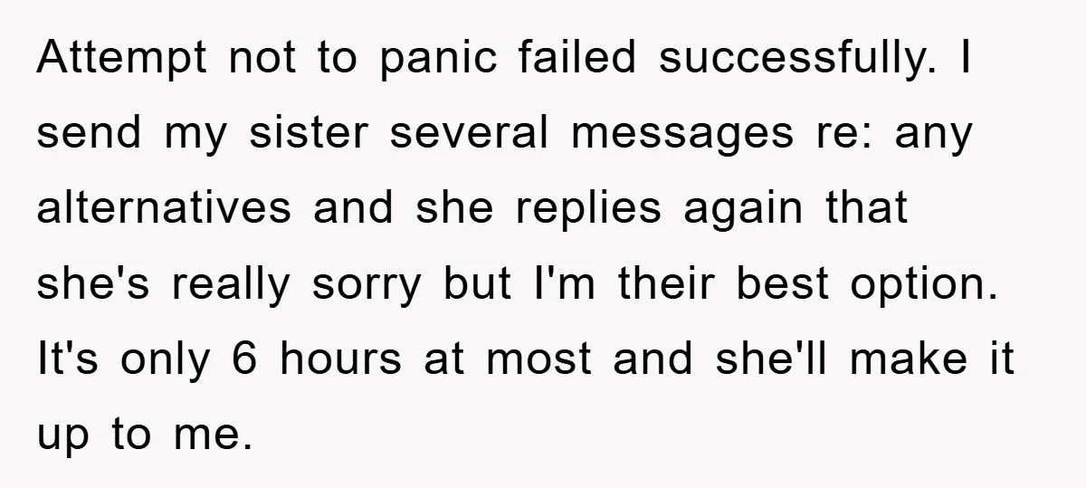 Attempt not to panic failed successfully. I send my sister several messages re: any alternatives and she replies again that she's really sorry but I'm their best option. It's only...