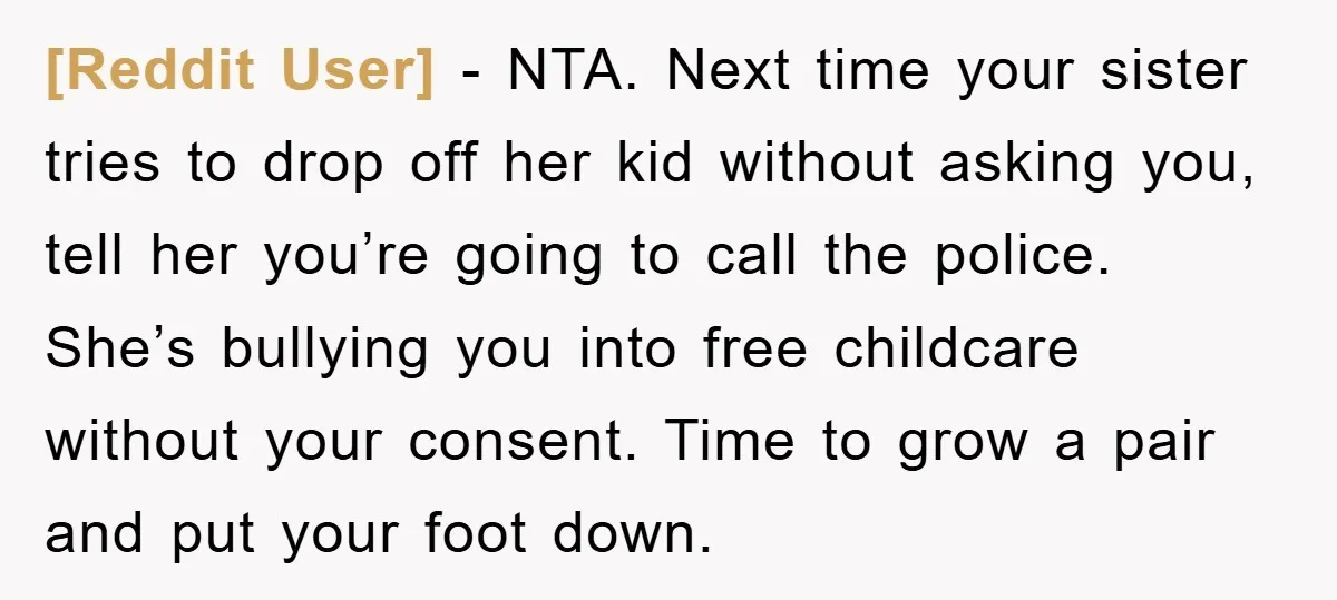[Reddit User] − NTA. Next time your sister tries to drop off her kid without asking you, tell her you’re going to call the police. She’s bullying you into free...