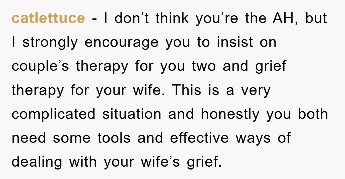 catlettuce − I don’t think you’re the AH, but I strongly encourage you to insist on couple’s therapy for you two and grief therapy for your wife. This is a...