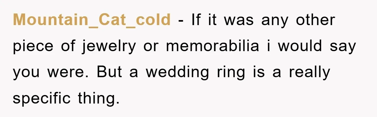 Mountain_Cat_cold − If it was any other piece of jewelry or memorabilia i would say you were. But a wedding ring is a really specific thing.