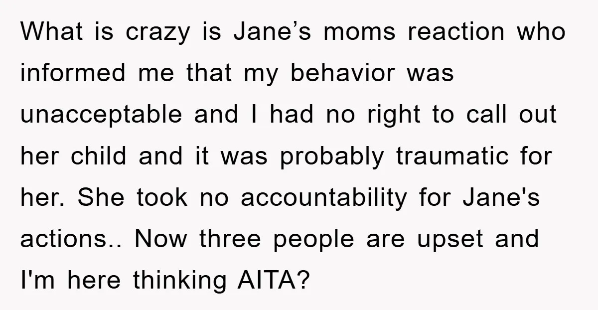 What is crazy is Jane’s moms reaction who informed me that my behavior was unacceptable and I had no right to call out her child and it was probably traumatic...