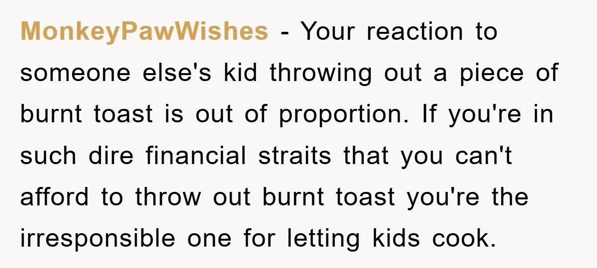 MonkeyPawWishes − Your reaction to someone else's kid throwing out a piece of burnt toast is out of proportion. If you're in such dire financial straits that you can't afford...