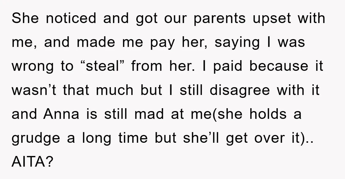 She noticed and got our parents upset with me, and made me pay her, saying I was wrong to “steal” from her. I paid because it wasn’t that much but...