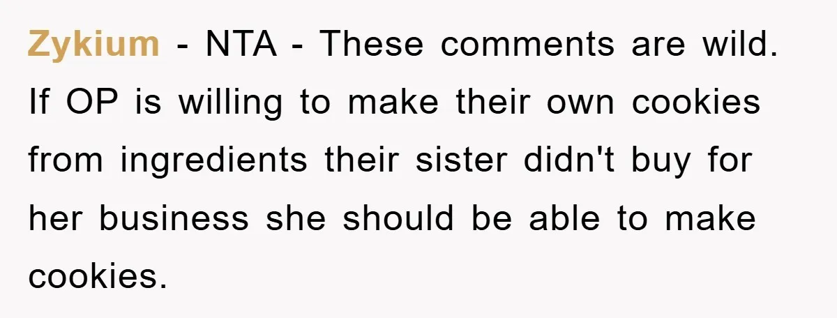 Zykium − NTA - These comments are wild. If OP is willing to make their own cookies from ingredients their sister didn't buy for her business she should be able...