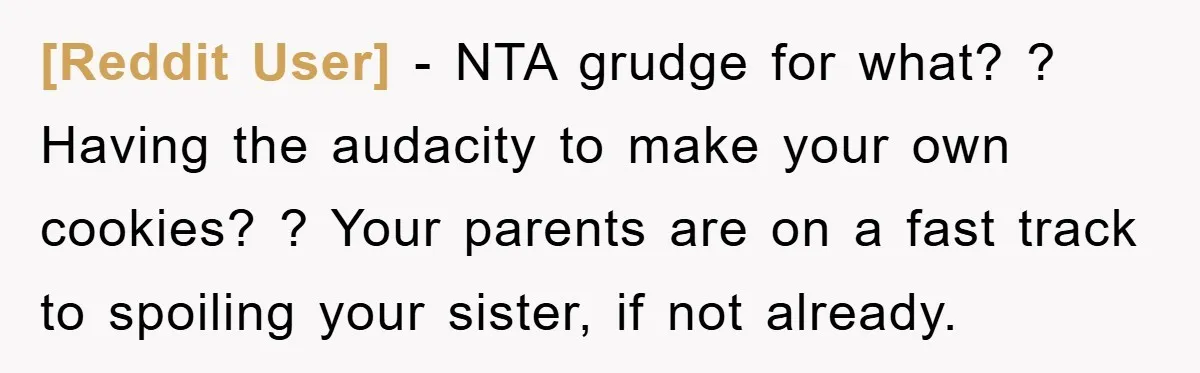 [Reddit User] − NTA grudge for what? ? Having the audacity to make your own cookies? ? Your parents are on a fast track to spoiling your sister, if not...