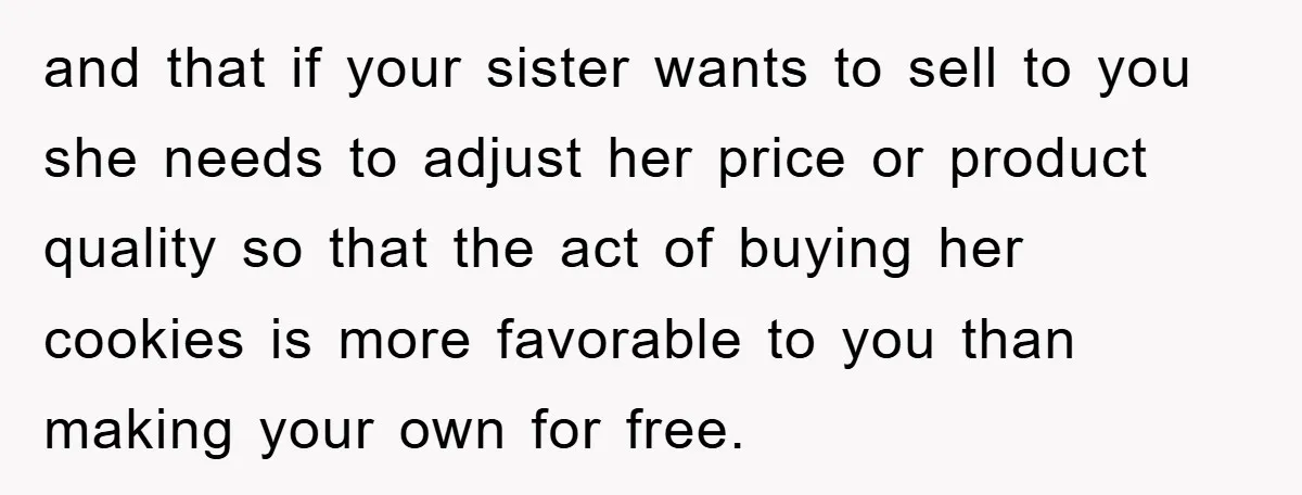 and that if your sister wants to sell to you she needs to adjust her price or product quality so that the act of buying her cookies is more favorable...