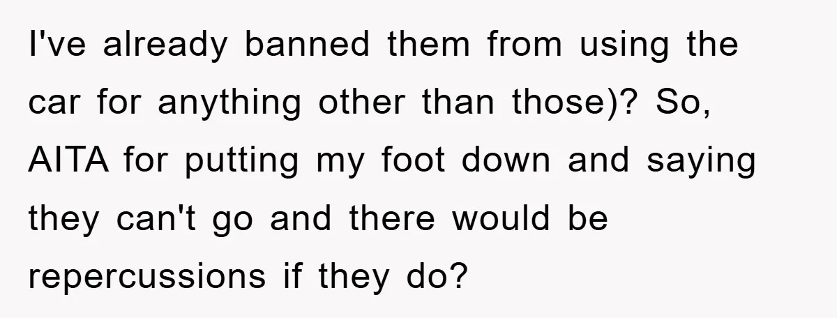 I've already banned them from using the car for anything other than those)? So, AITA for putting my foot down and saying they can't go and there would be repercussions...